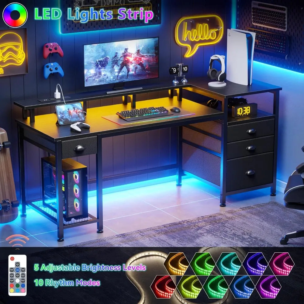 Computer Desk With 4 Drawers And Printer Space LED USB