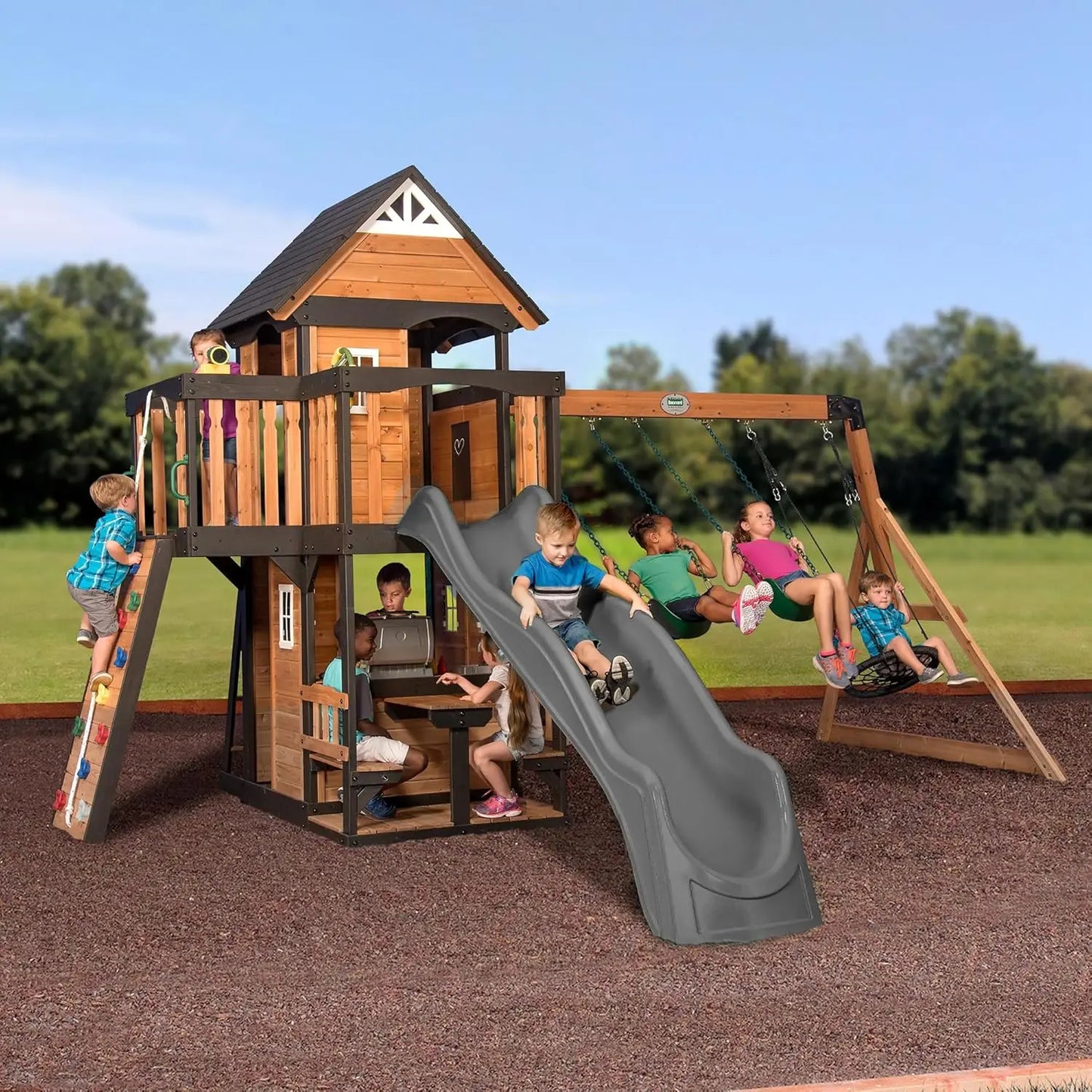 Cedar Wood Swing Set With Wave Slide and Play Kitchen