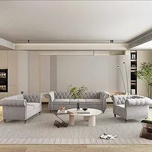 DAFIFY Velvet Chesterfield Living Room Set Sofa Loveseat Chair