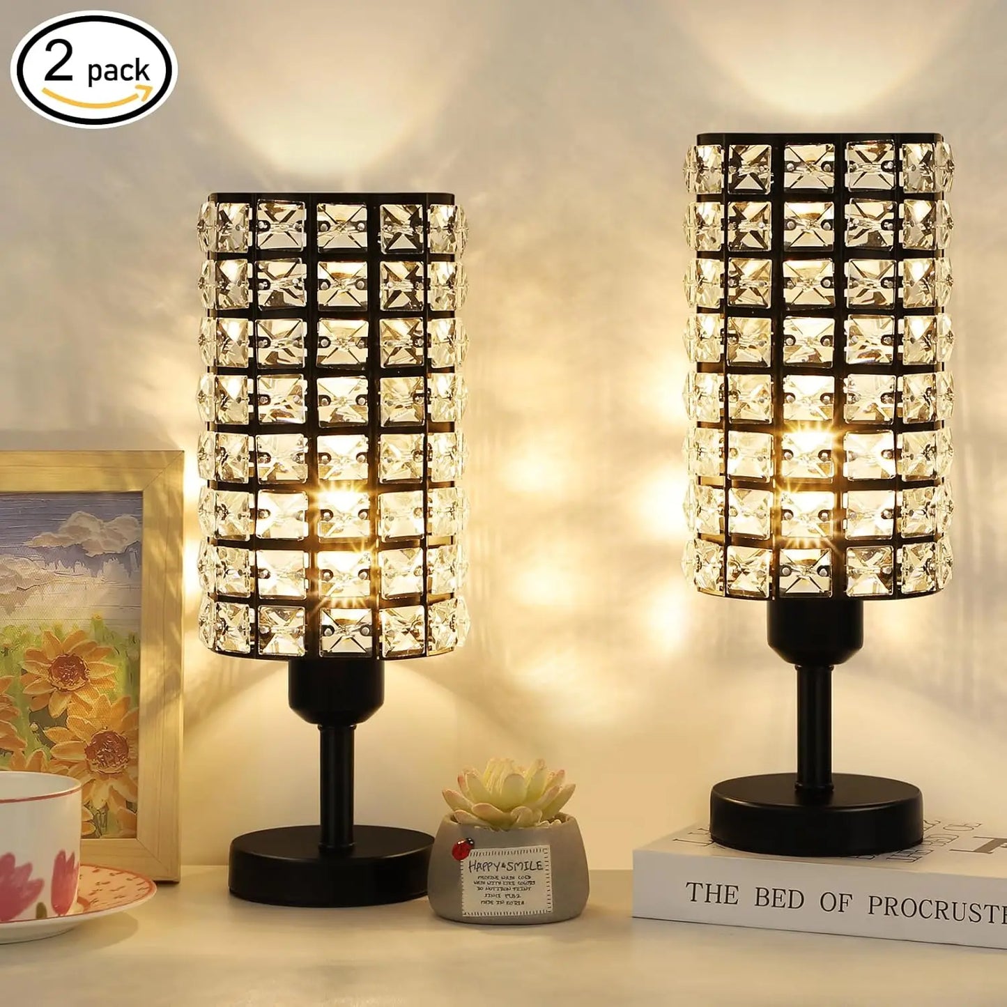 Elegant Crystal Table Lamps Set of 2 Black Modern Bedside Nightstand Lamps