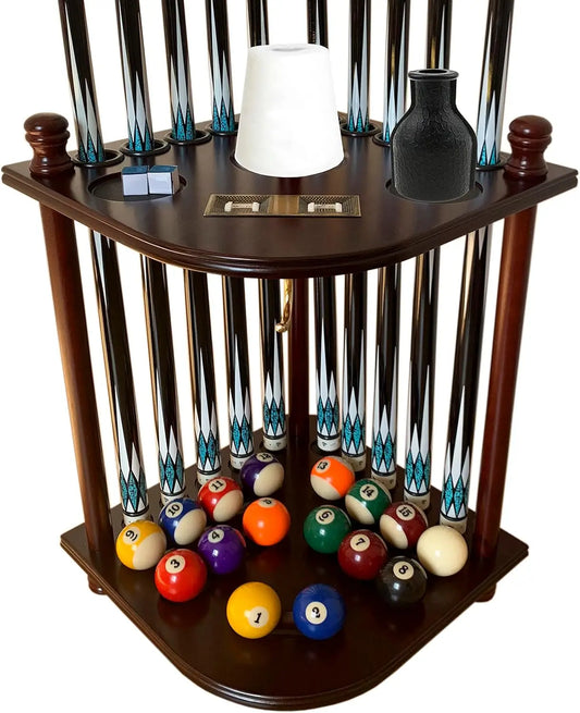 Solid Hardwood Pool Cue Rack Floor Stand For 10 Cues With Ball Set