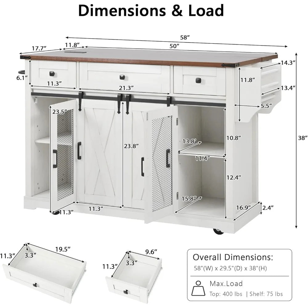 Farmhouse Kitchen Island Cart on Wheels with Drop Leaf & Power Outlet, Sliding Barn Door Storage Cabinet Breakfast Bar