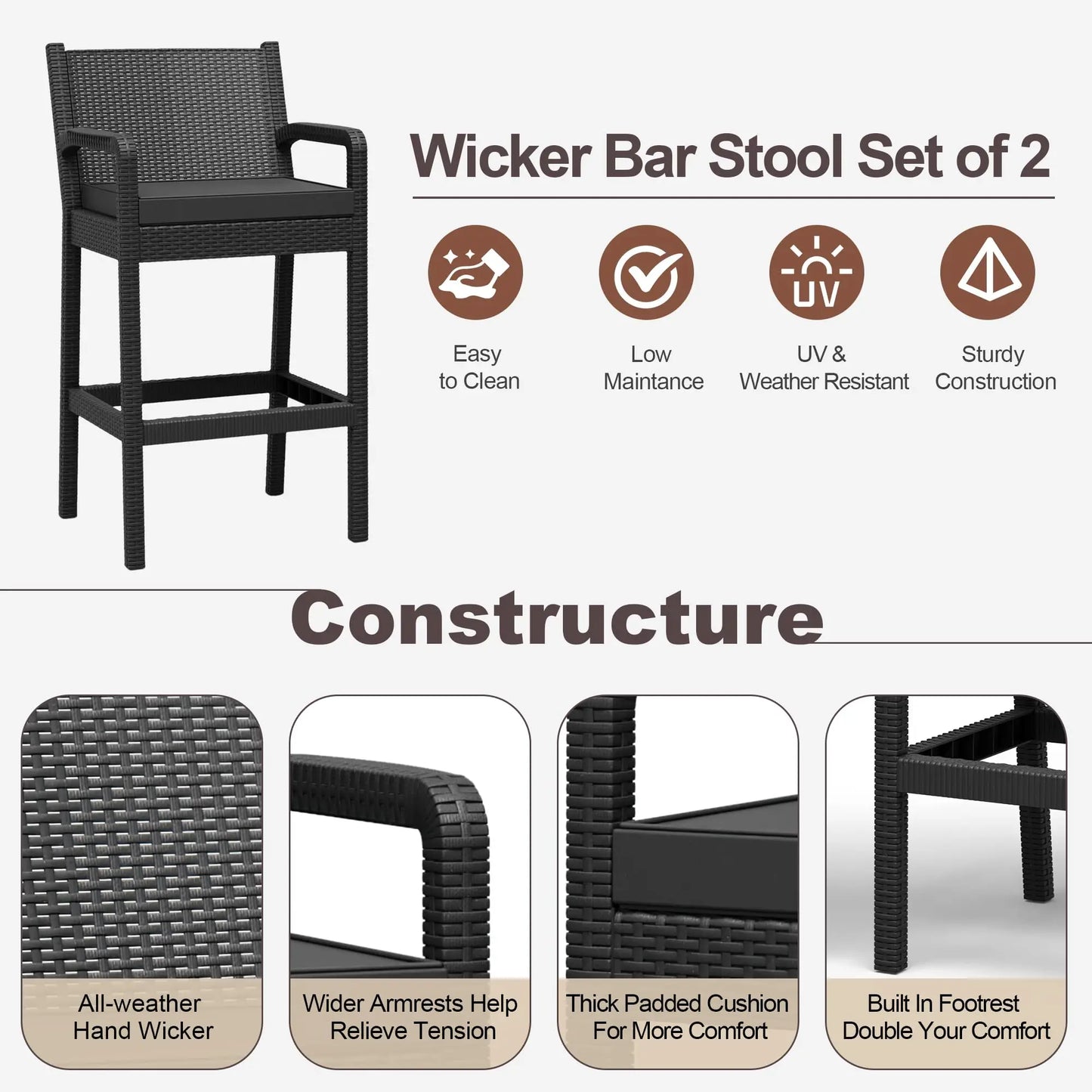 HiMISS Outdoor Wicker Bar Stools Set of 2 with Cushions