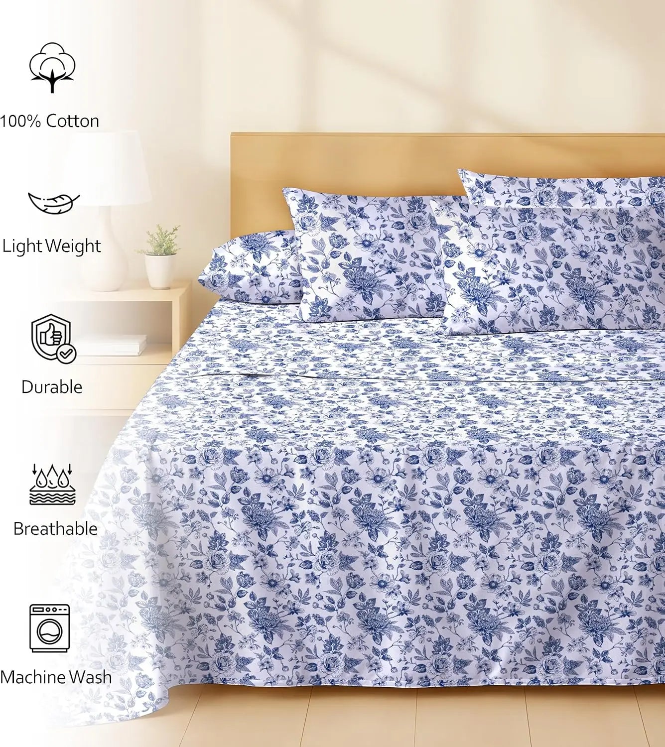 6-Piece Cotton Sheets Set - 100% Natural, Soft, Lightweight & Breathable Percale Bedding for Queen Size with Deep Pockets