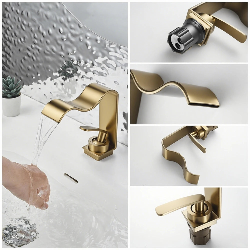 WJNMONE Deck Mounted Bathroom Faucet Hot Cold Waterfall Brass Mixer