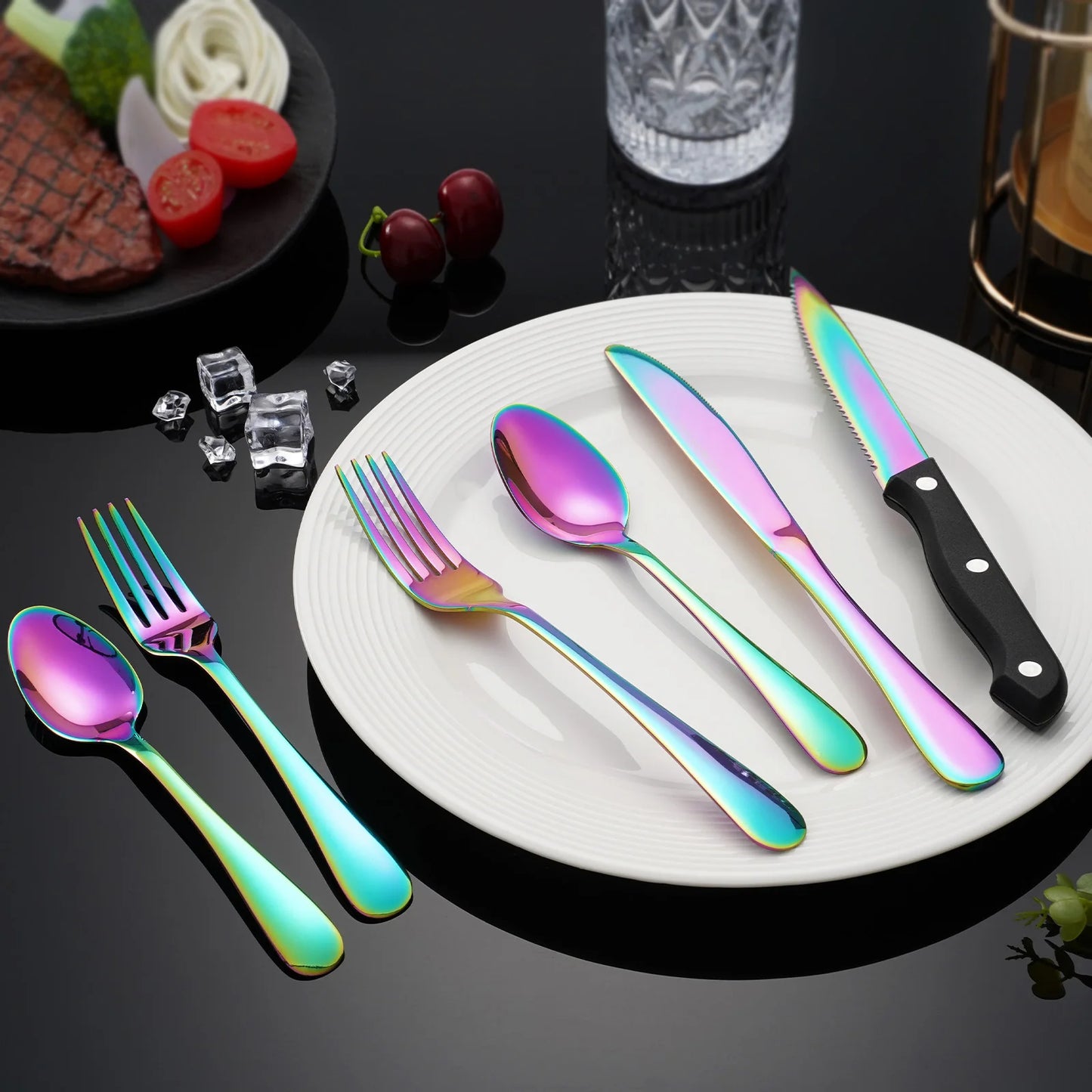 KOOMADE 24Pcs Rainbow Iridescent Titanium Plated Stainless Steel Flatware Set Service for 4, Silverware With Steak Knives Forks Spoons Dishwasher Safe for Home Wedding Gift