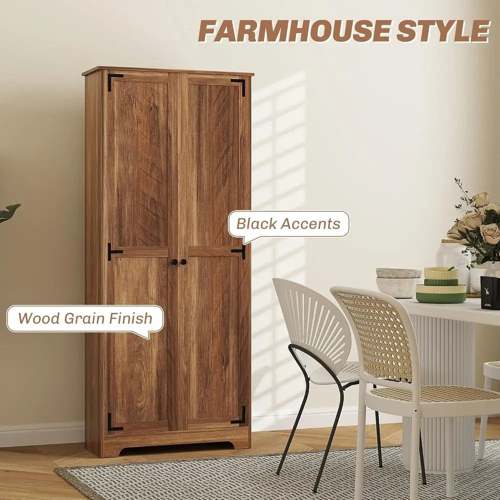 72" armhouse Pantry Cabinet, reestanding Tall Kitchen Pantry Storage Cabinet with Adjustable Shelves and Reced Do, Brown