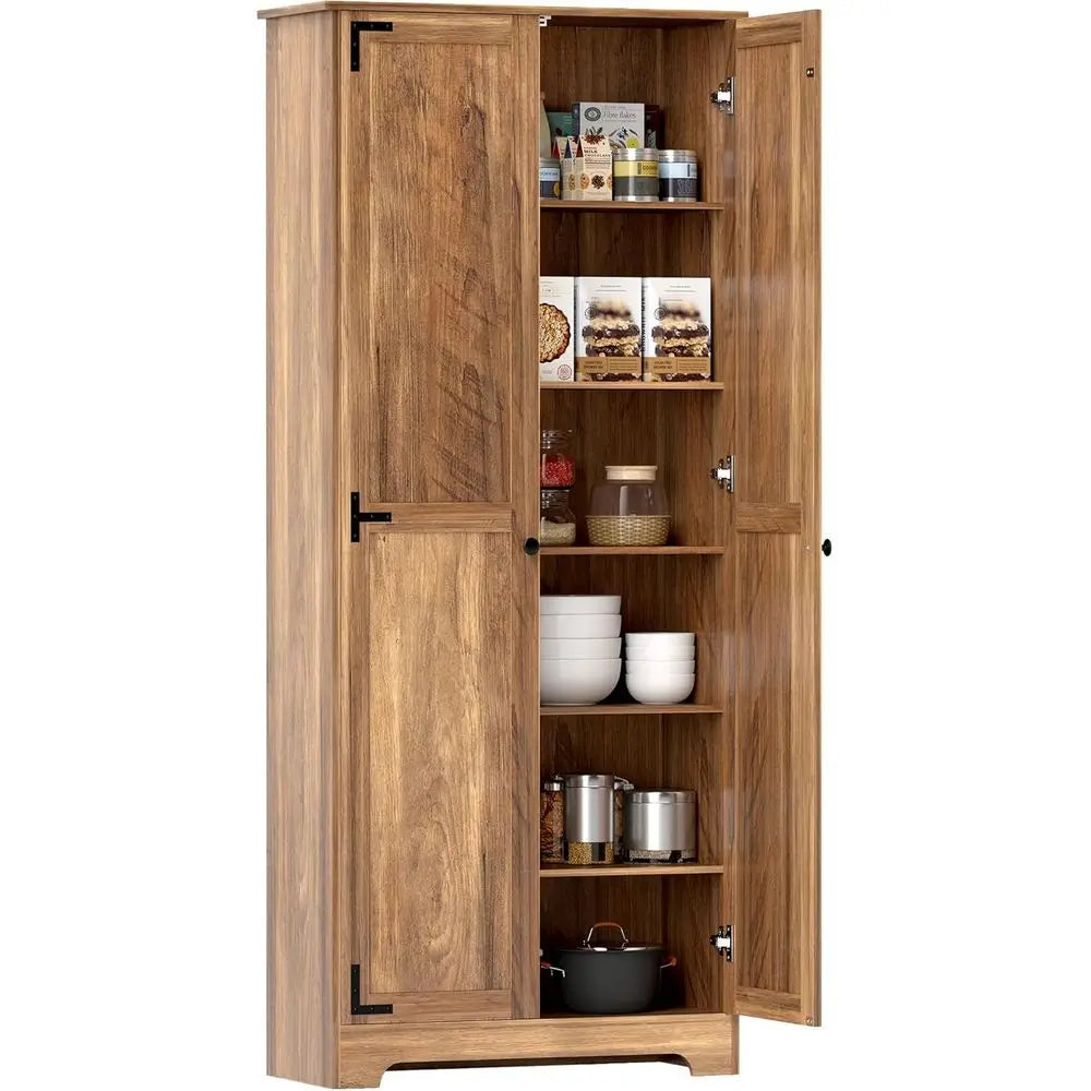 72" armhouse Pantry Cabinet, reestanding Tall Kitchen Pantry Storage Cabinet with Adjustable Shelves and Reced Do, Brown