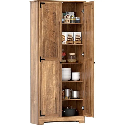 72" armhouse Pantry Cabinet, reestanding Tall Kitchen Pantry Storage Cabinet with Adjustable Shelves and Reced Do, Brown