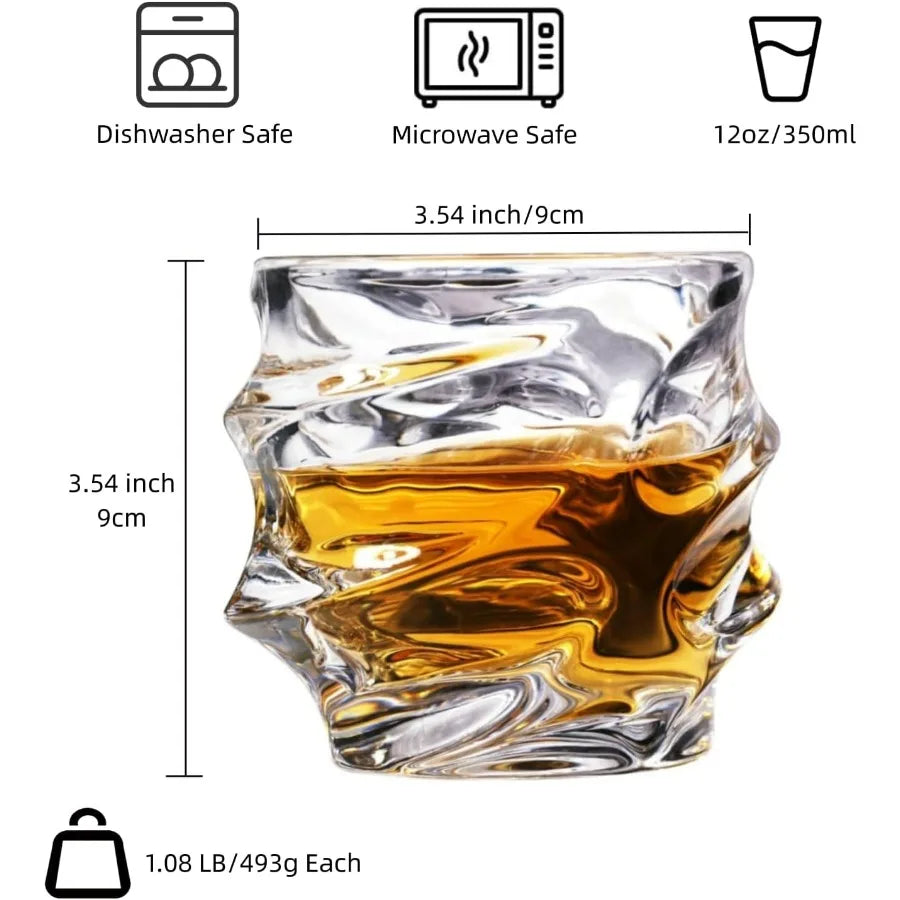 12 oz Hand Blown Crystal Whiskey Glasses Set of 4 Unique Cognac Glass with Heavy Thick Bottom for Scotch Bourbon Rum Gin Water