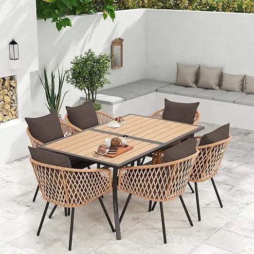 All-Weather Rattan Patio Dining Set With Wood Table And Removable Cushions