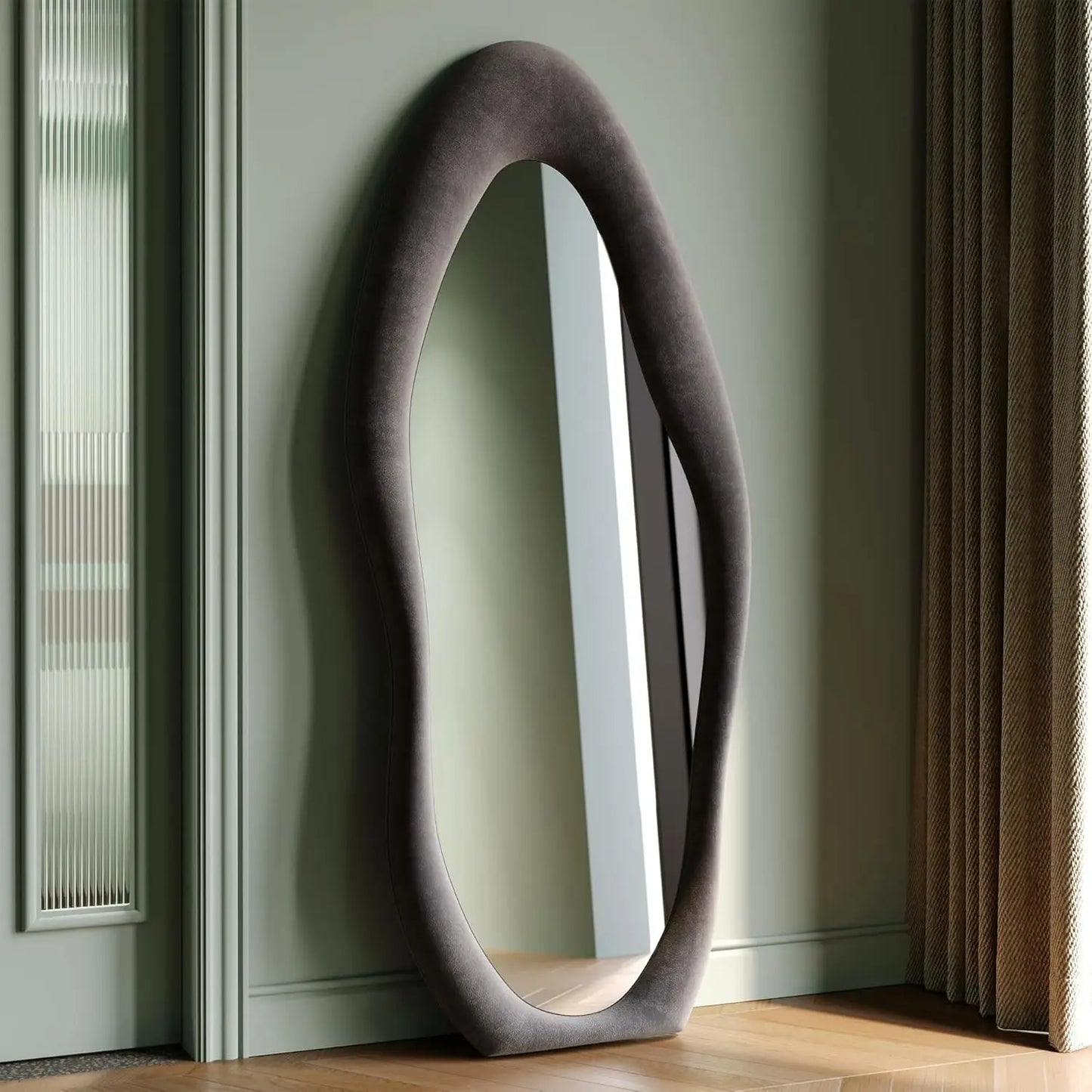 Wave Mirror With Wooden Flannel-Wrapped Frame For Bedroom Decor