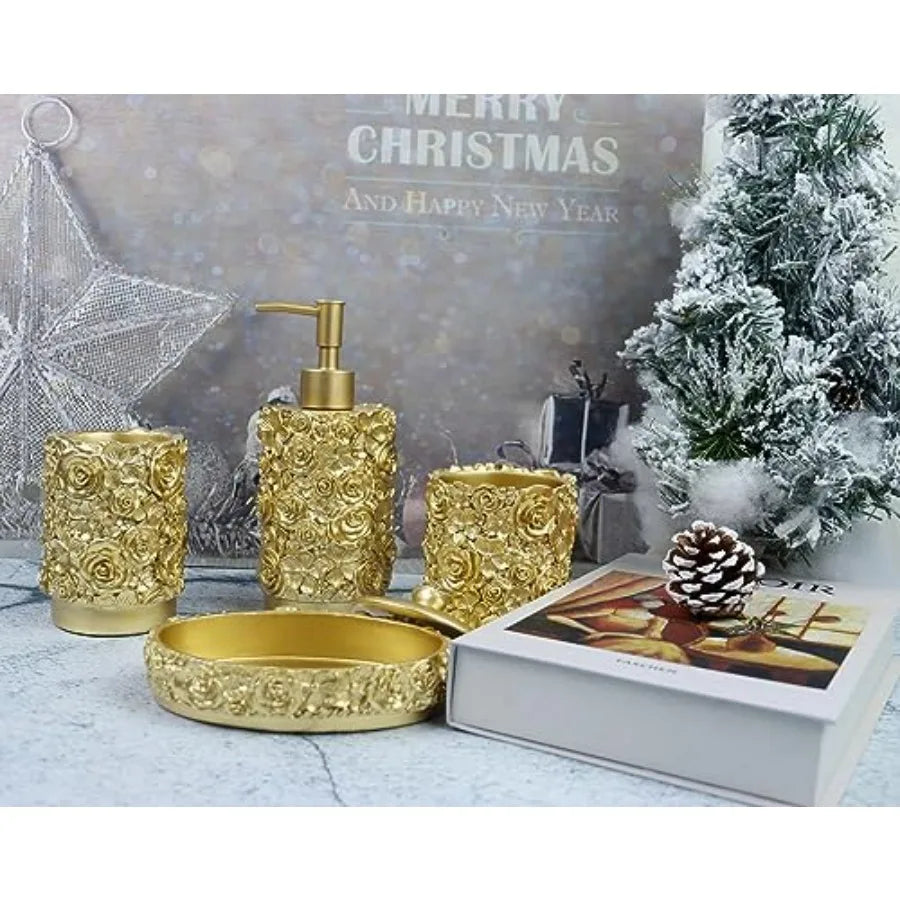 Rose Design Resin Bathroom Accessories Set Four Piece Farmhouse Style