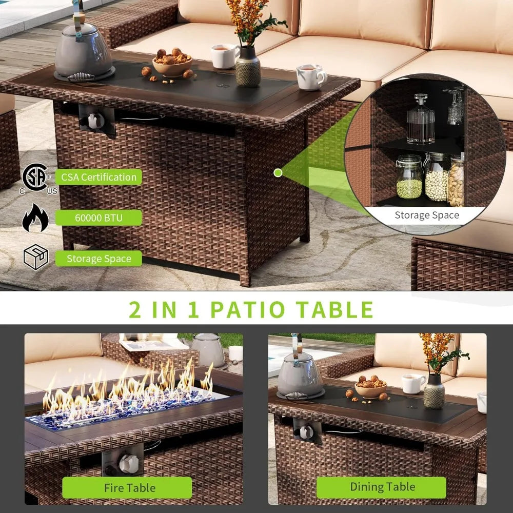 Outdoor 7 Piece Patio Furniture Set With Fire Pit Table And Cushions