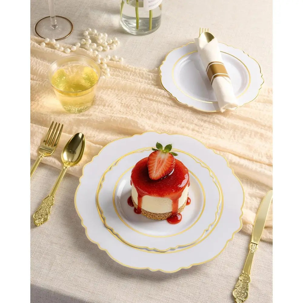 Elegant White Gold Plastic Dinnerware Set for 350 Guests or Baroque Disposable Partyware with 100 Plates, 50 Napkins, Silverware