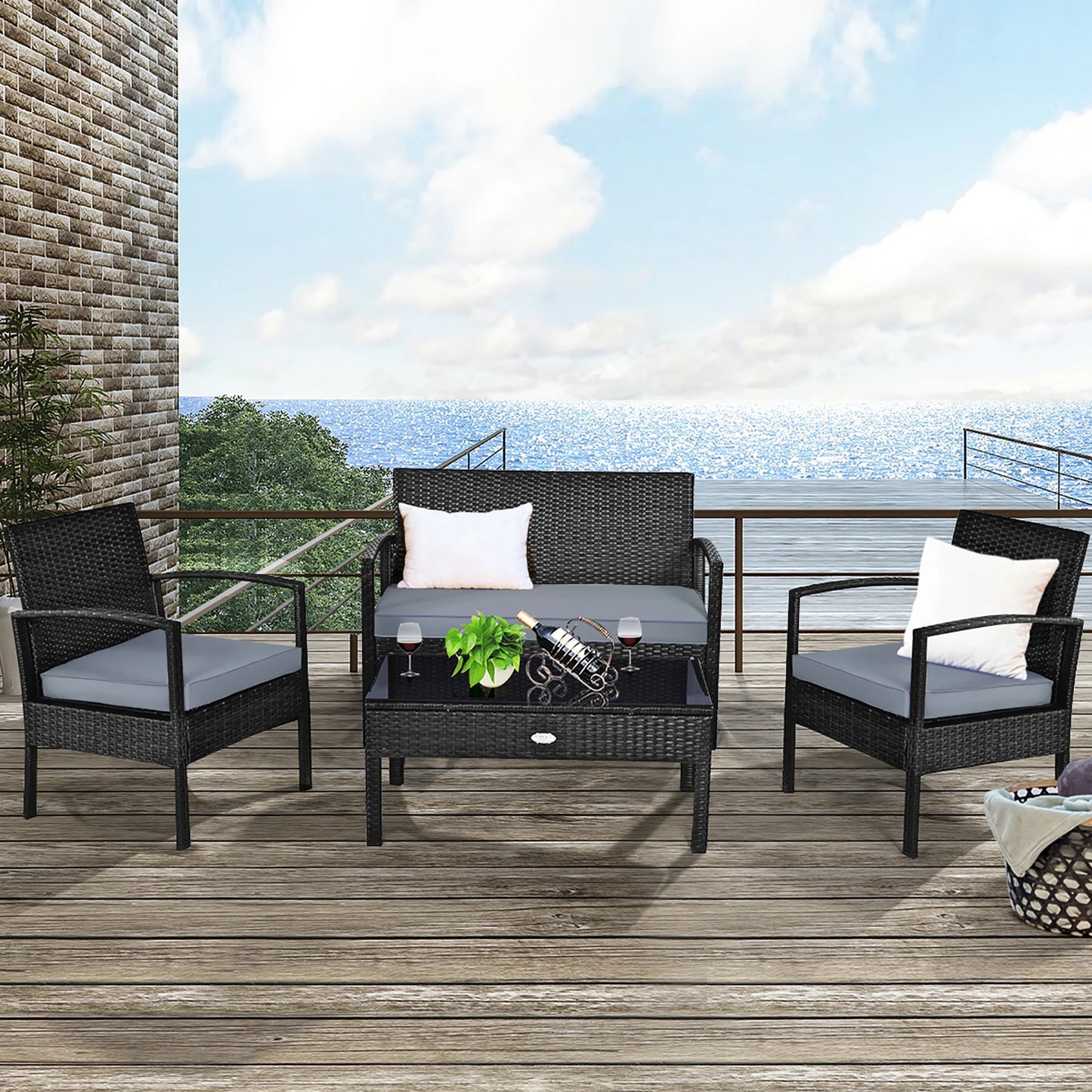 HOMASIS 4-Piece Outdoor Patio Rattan Wicker Set Cushioned Chairs Table