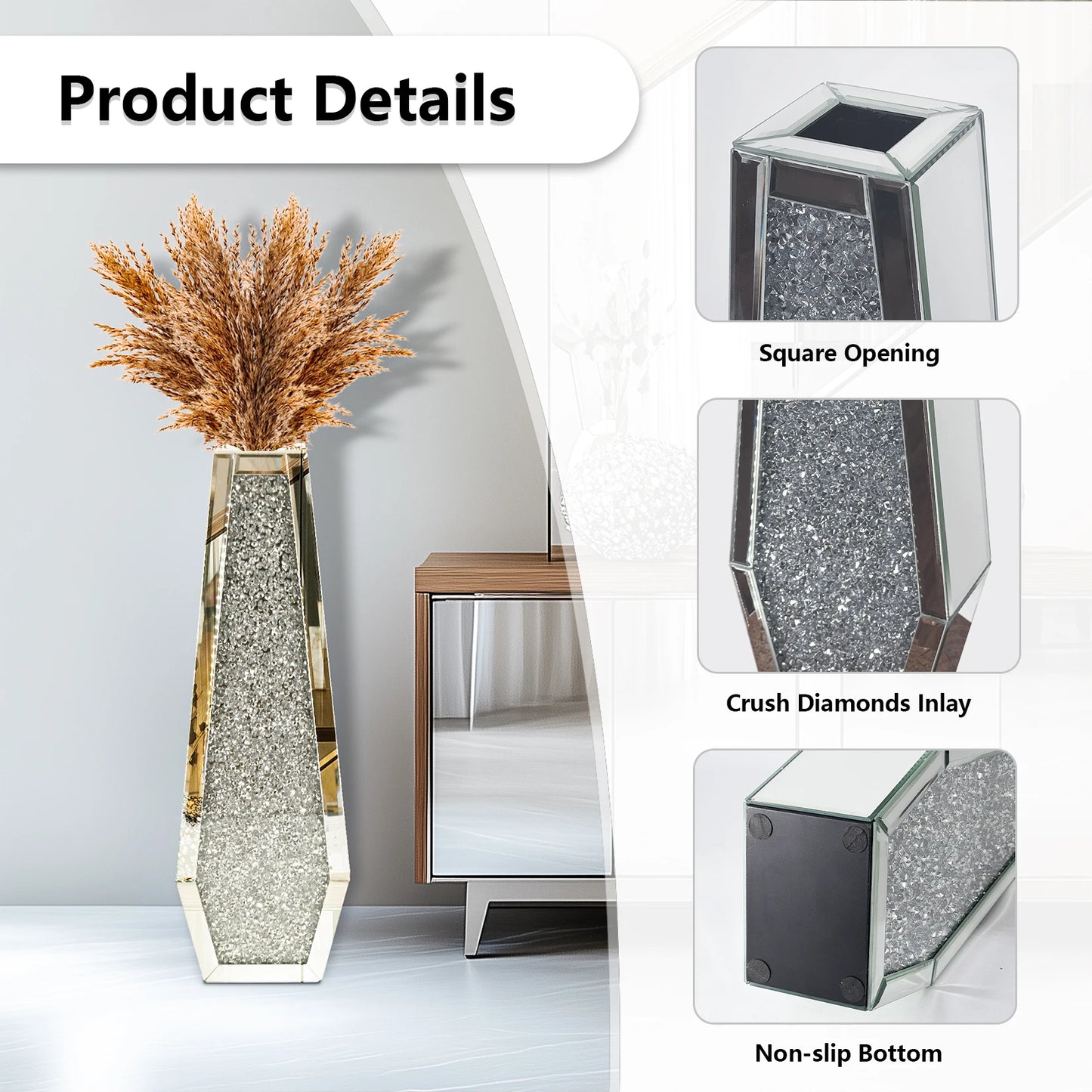 Crushed Diamond Mirrored Floor Vase Glass For Pampas Grass