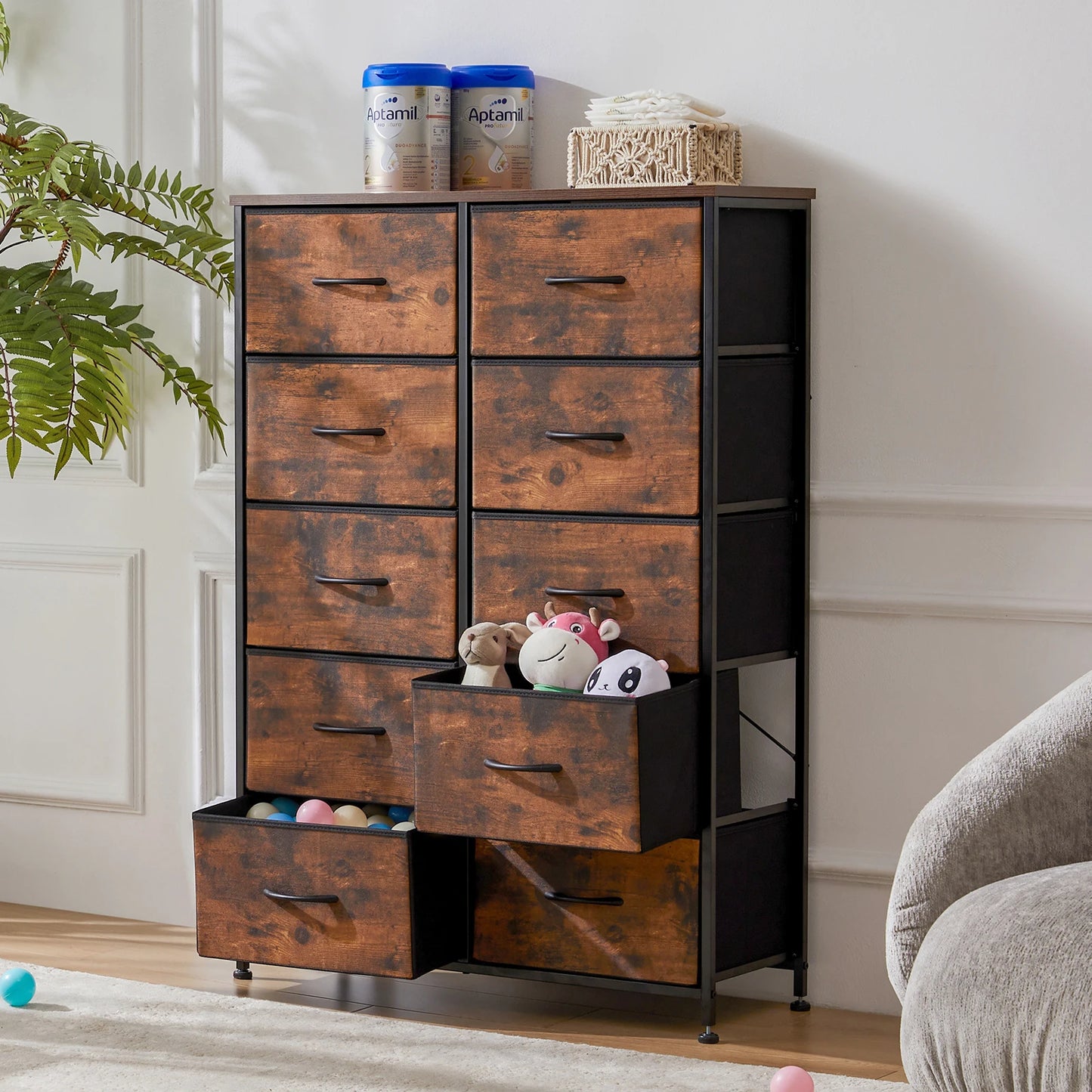 JHK Bedside Table With 10 Fabric Drawers And Steel Frame
