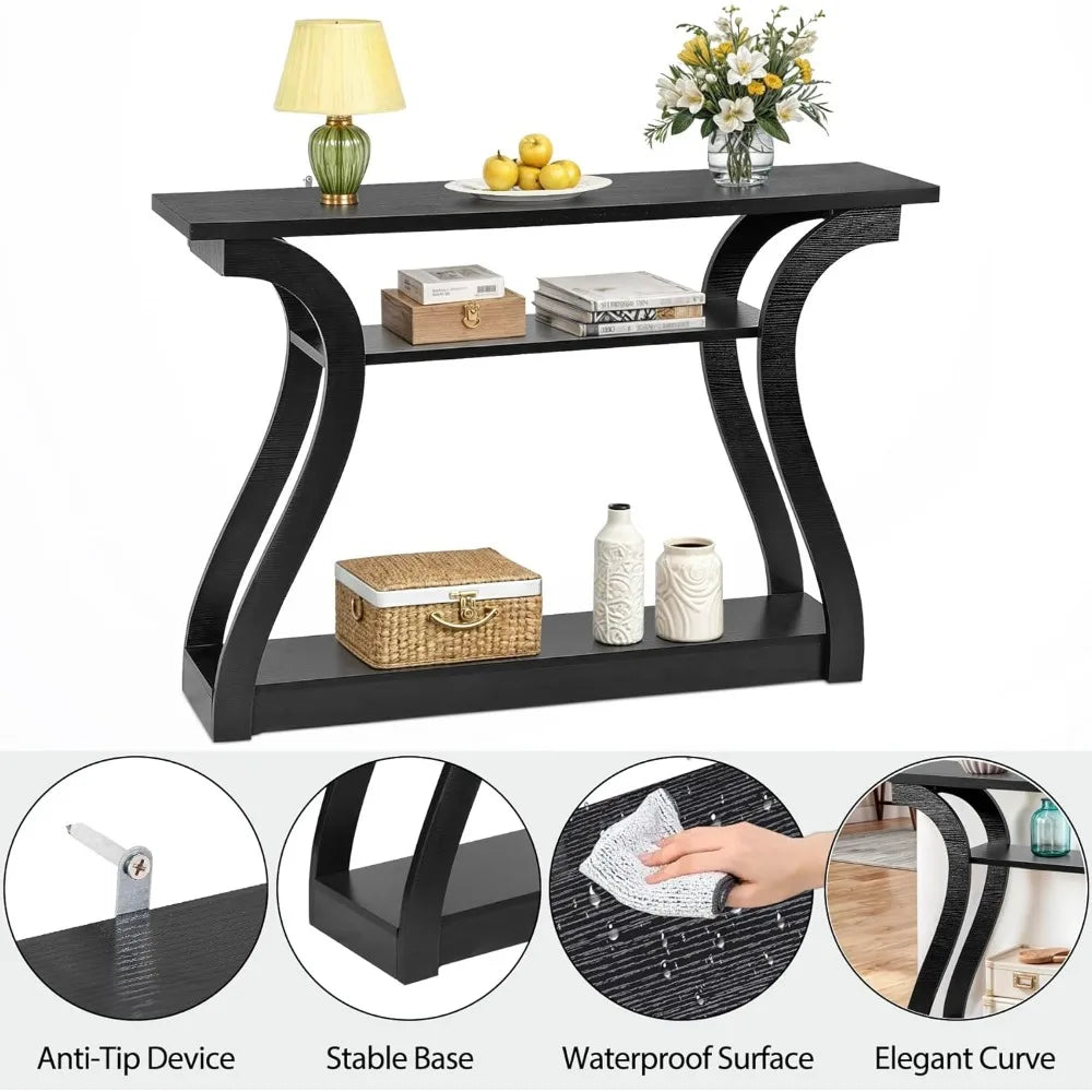 Wood Console Table With Three-Tier Storage Shelves