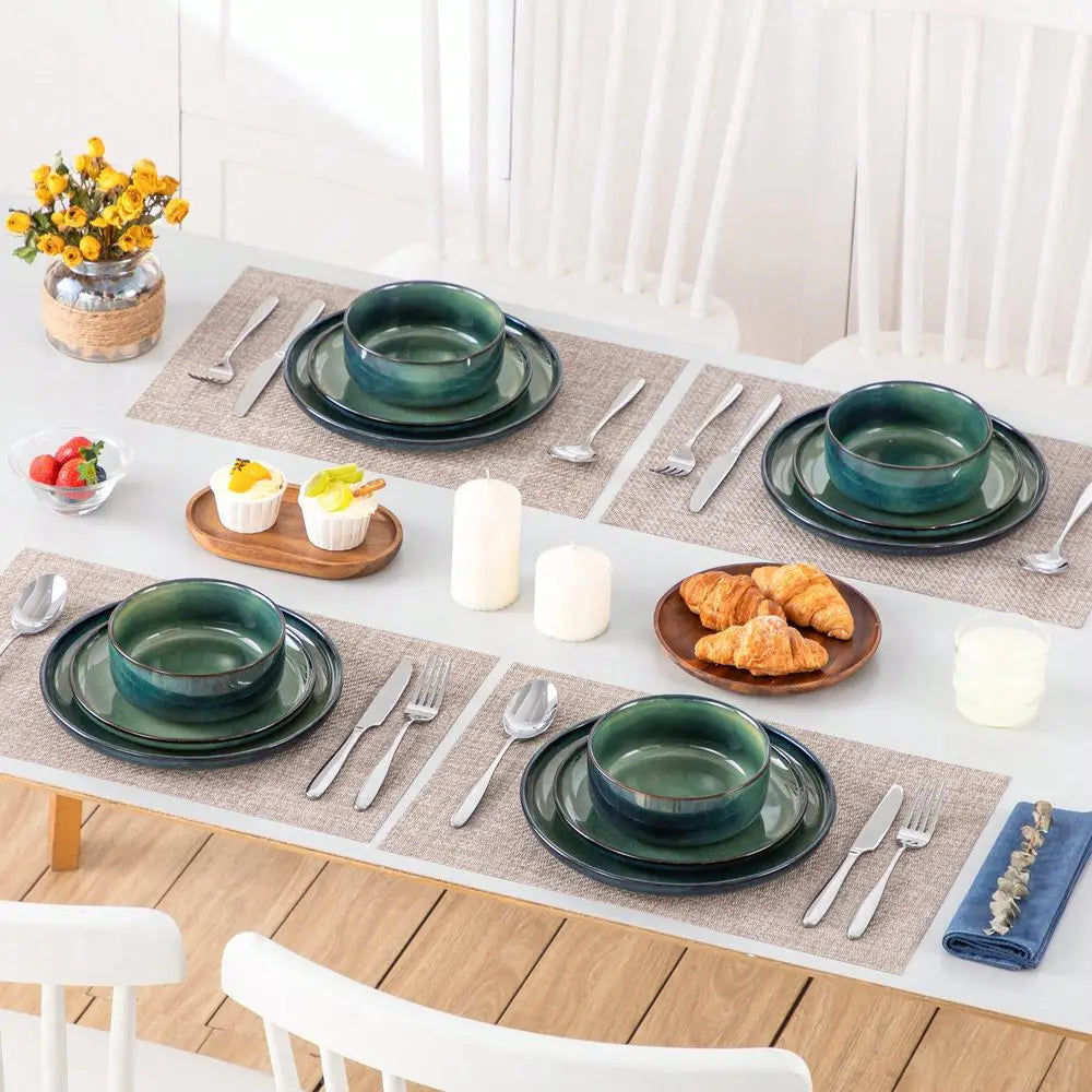 12 Pieces Kitchen Dinnerware Set, Green Set, Stoneware Dinnerware, Plate And Bowl Set For 4 Person, Round Plate With Vertical E