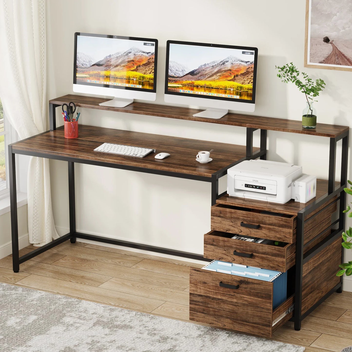 Tribesigns Ergonomic Computer Desk With File Drawer And Monitor Stand