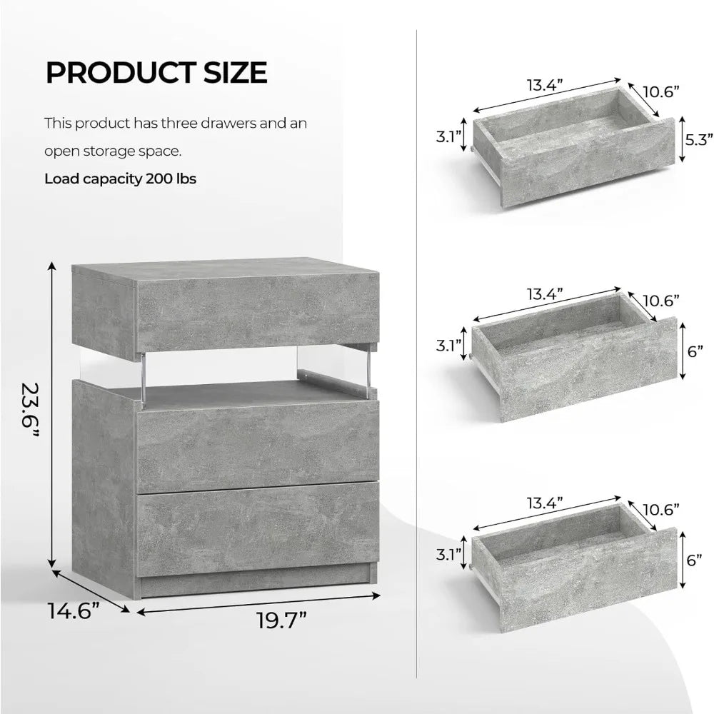 Modern LED Nightstand Set of 2 With 3 Drawers Storage