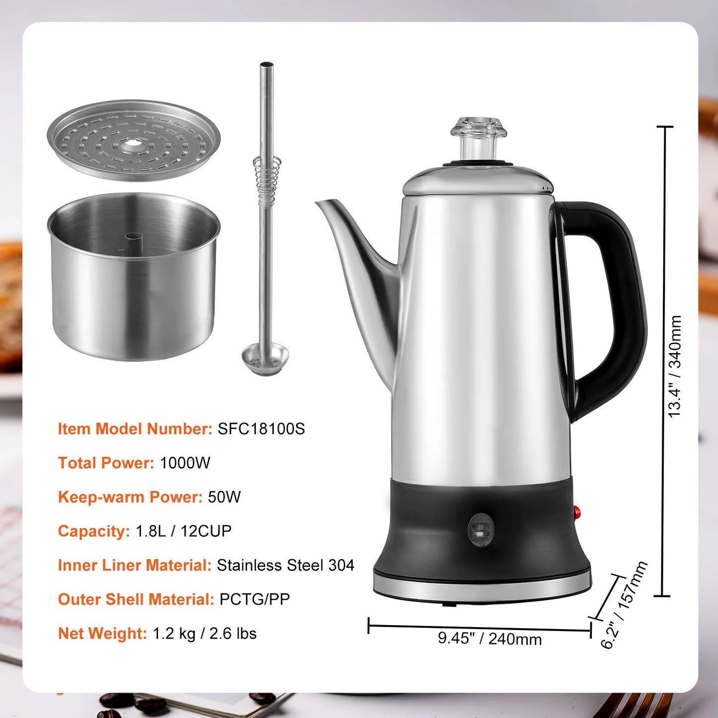 SucceBuy Electric Percolator Coffee Pot 304 Stainless Steel