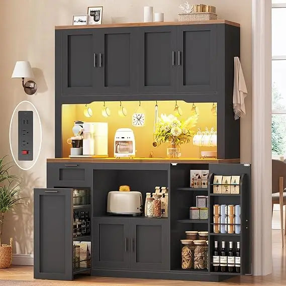 71 Pantry Cabinet with Charging Station and LED Light, Kitchen Pantry Cabinet with Microwave Stand, 47.2 Wide Kitchen