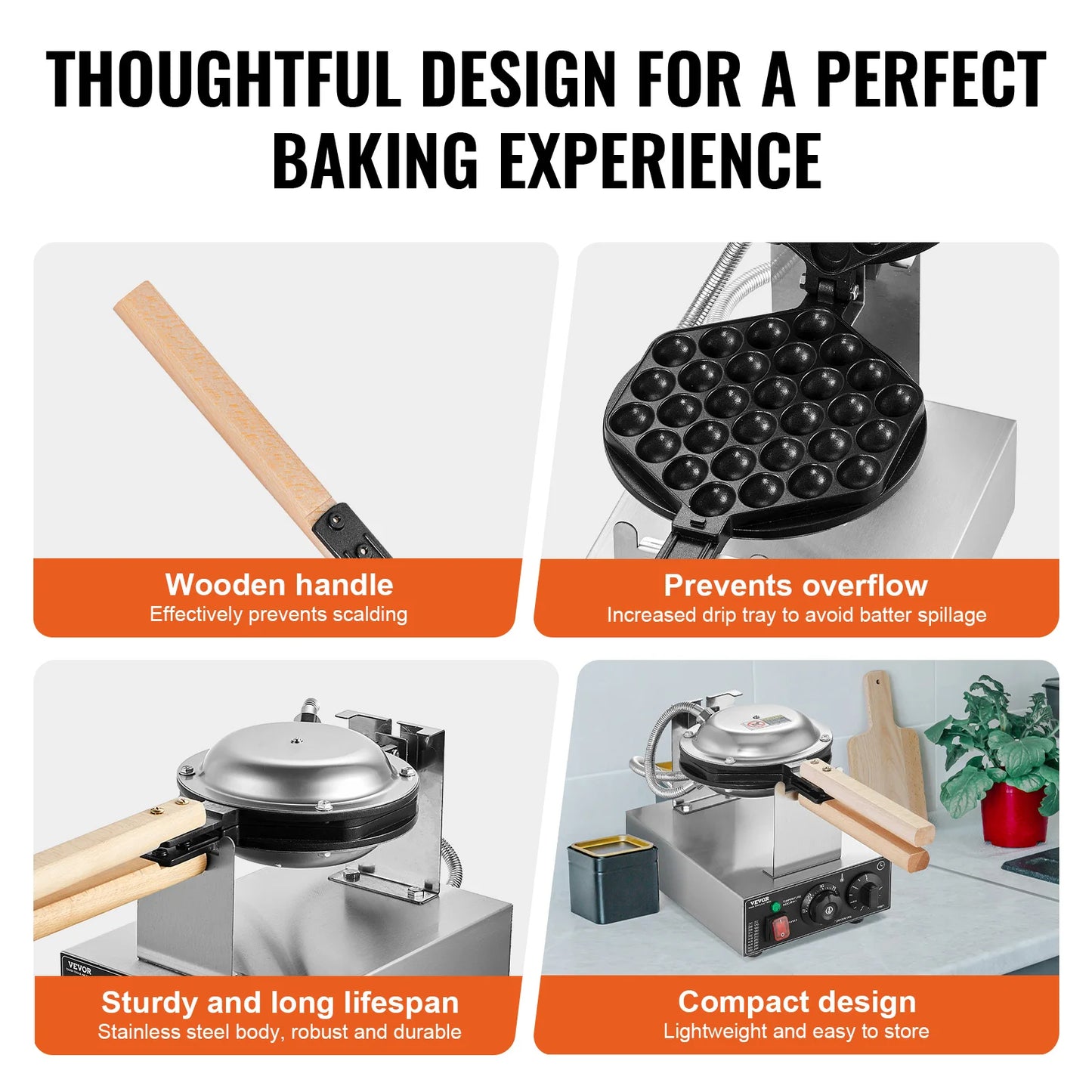 VEVOR SucceBuy Commercial Egg Bubble Waffle Maker 1400W Rotatable 2 Pans