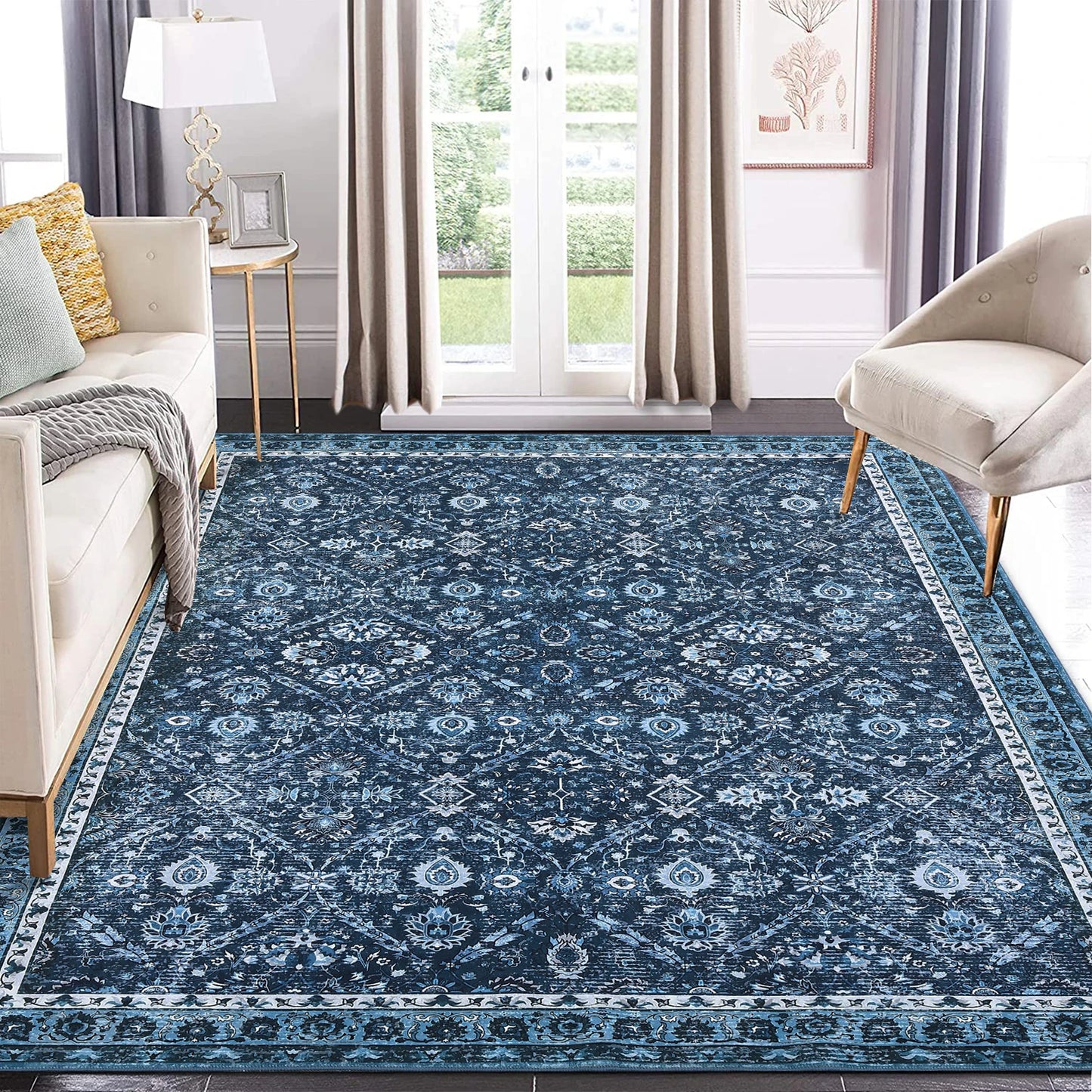 Machine Washable Non Slip Low Pile Moroccan Trellis Rug Stain Resistant