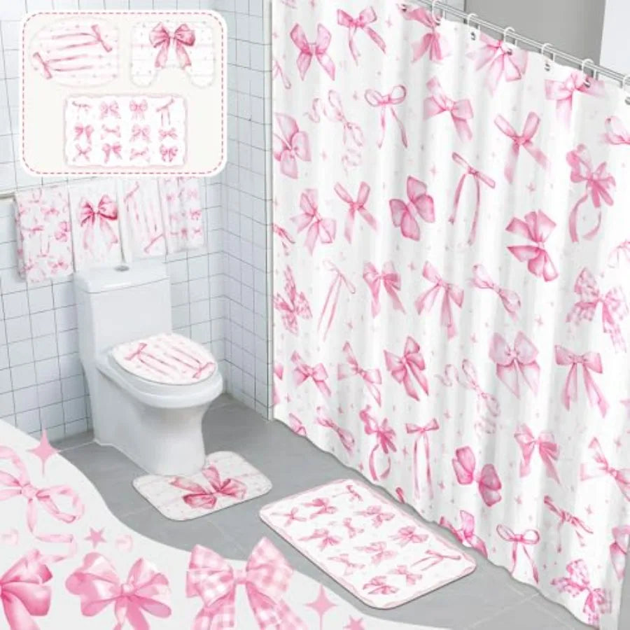 Shower Curtain Set With Towels And Carpet Bath Decor Kit