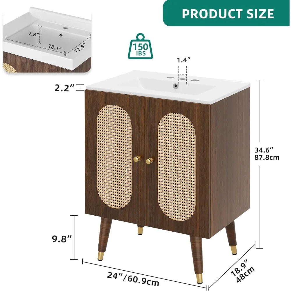 TIFICY Rattan Bathroom Vanity With Sink Freestanding Cabinet