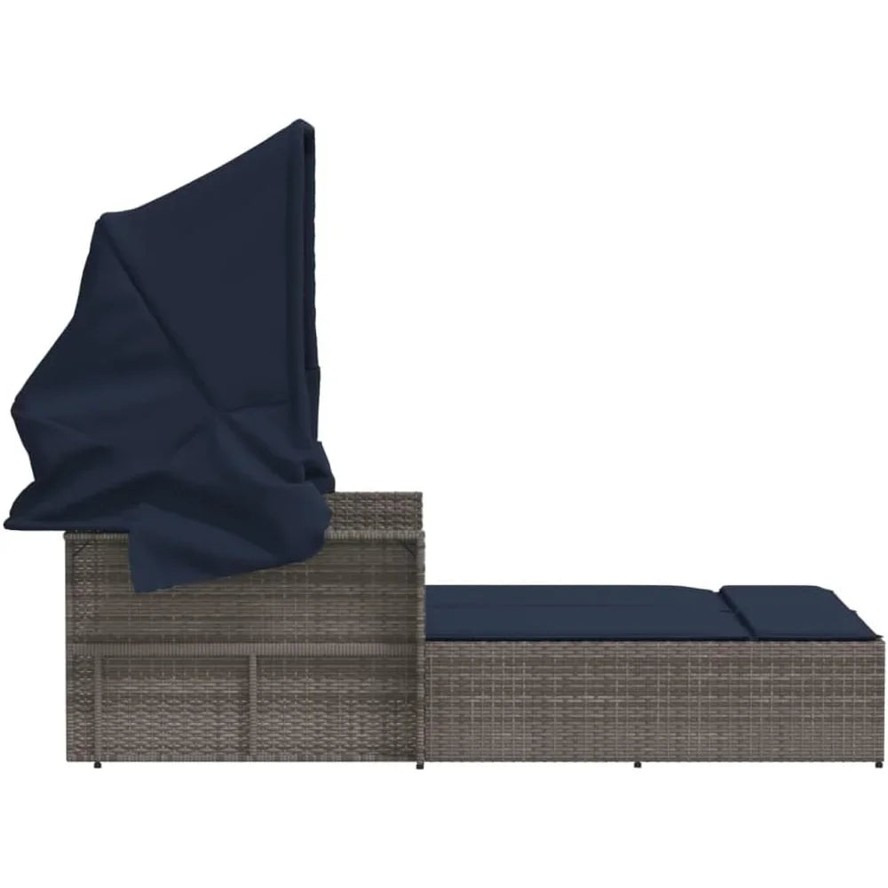 Outdoor Wicker Sun Lounger With Folding Canopy For Patio Garden
