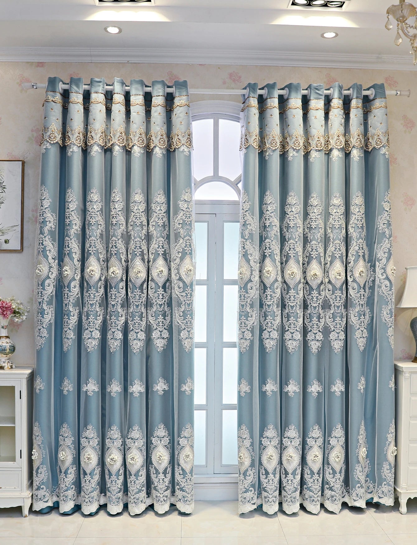 Vintage Embroidered Curtains With 3D Relief Dual Layer Privacy