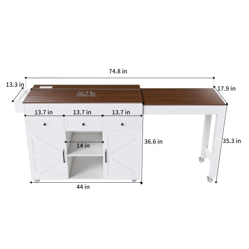 74.8" Kitchen Island with Extendable Dining Table & Power Outlet - Rolling Storage Cart on Wheels with 3 Drawers