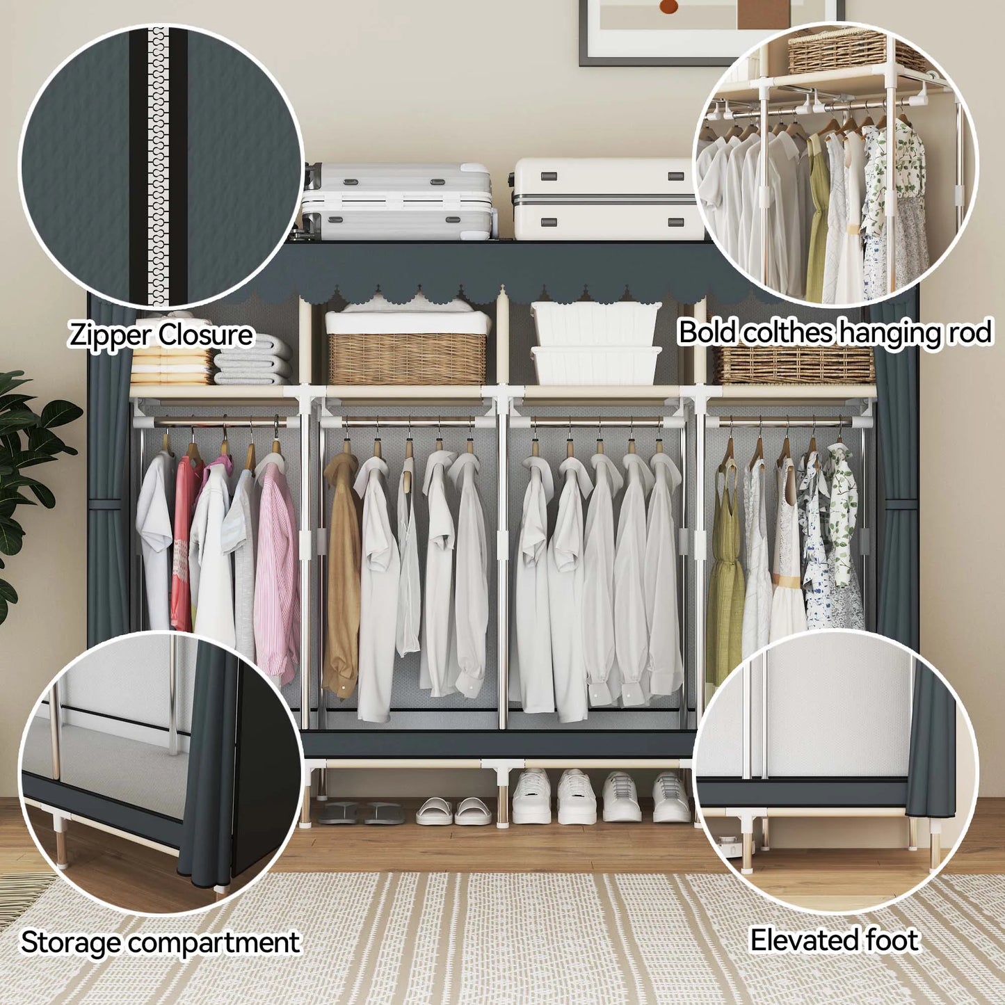 ArluKinFinishes Heavy Duty Fabric Wardrobe With Four Hanging Rods