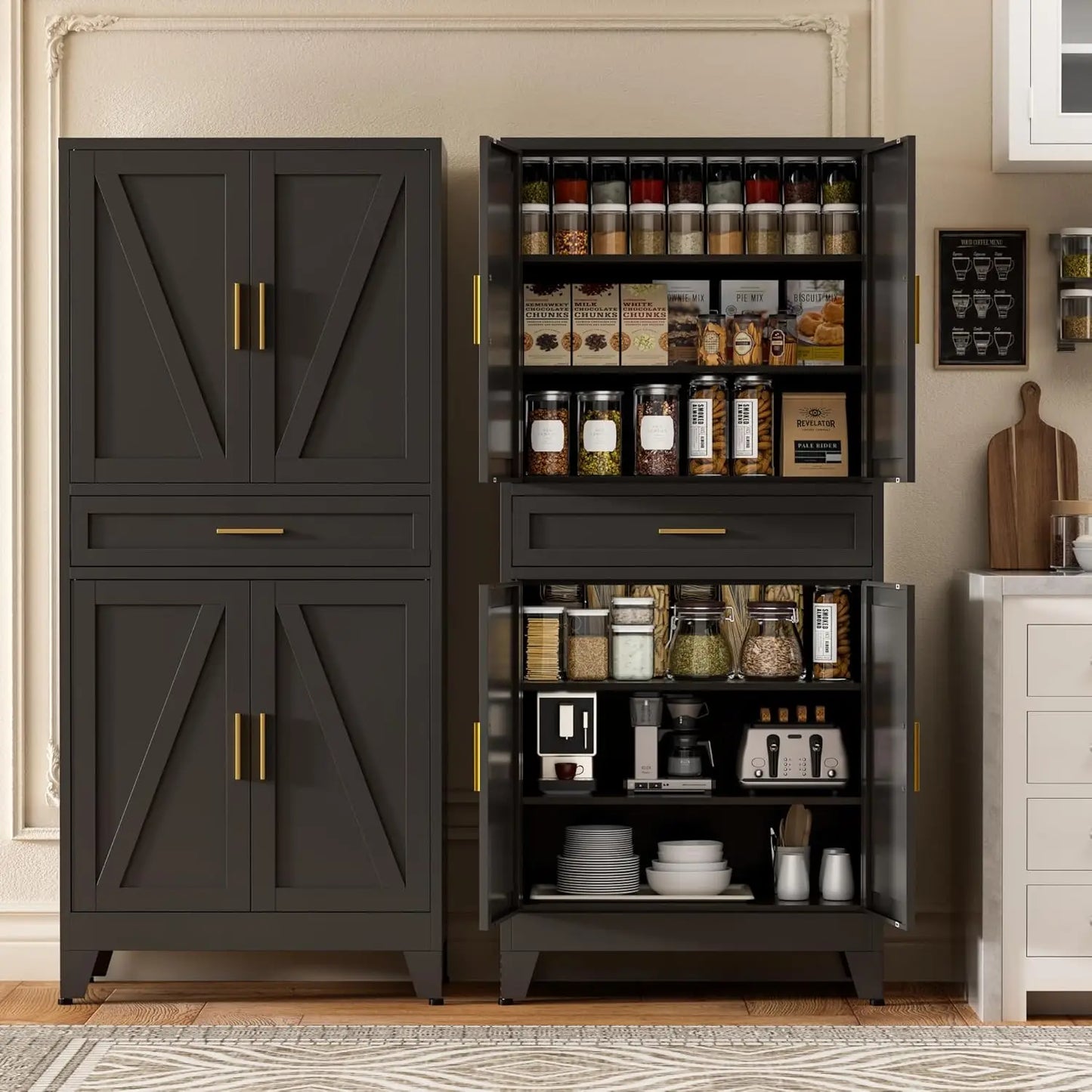 Farmhouse Metal Storage Cabinet With Drawers And Adjustable Shelves