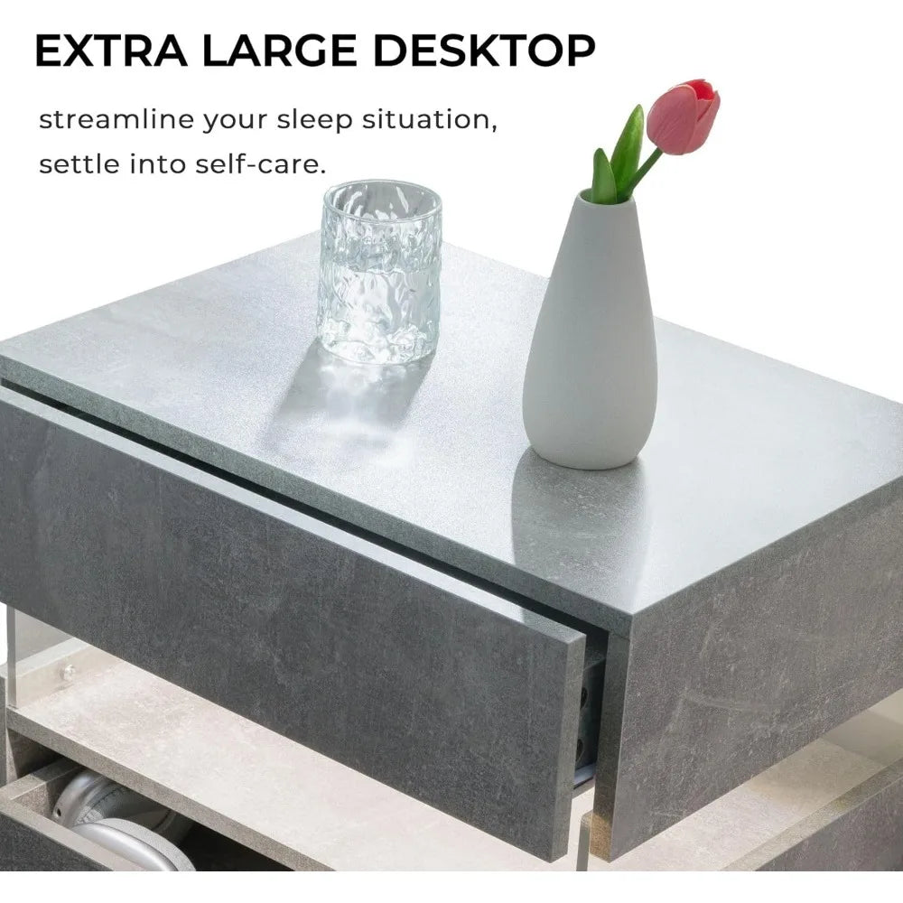 Modern LED Nightstand Set of 2 With 3 Drawers Storage