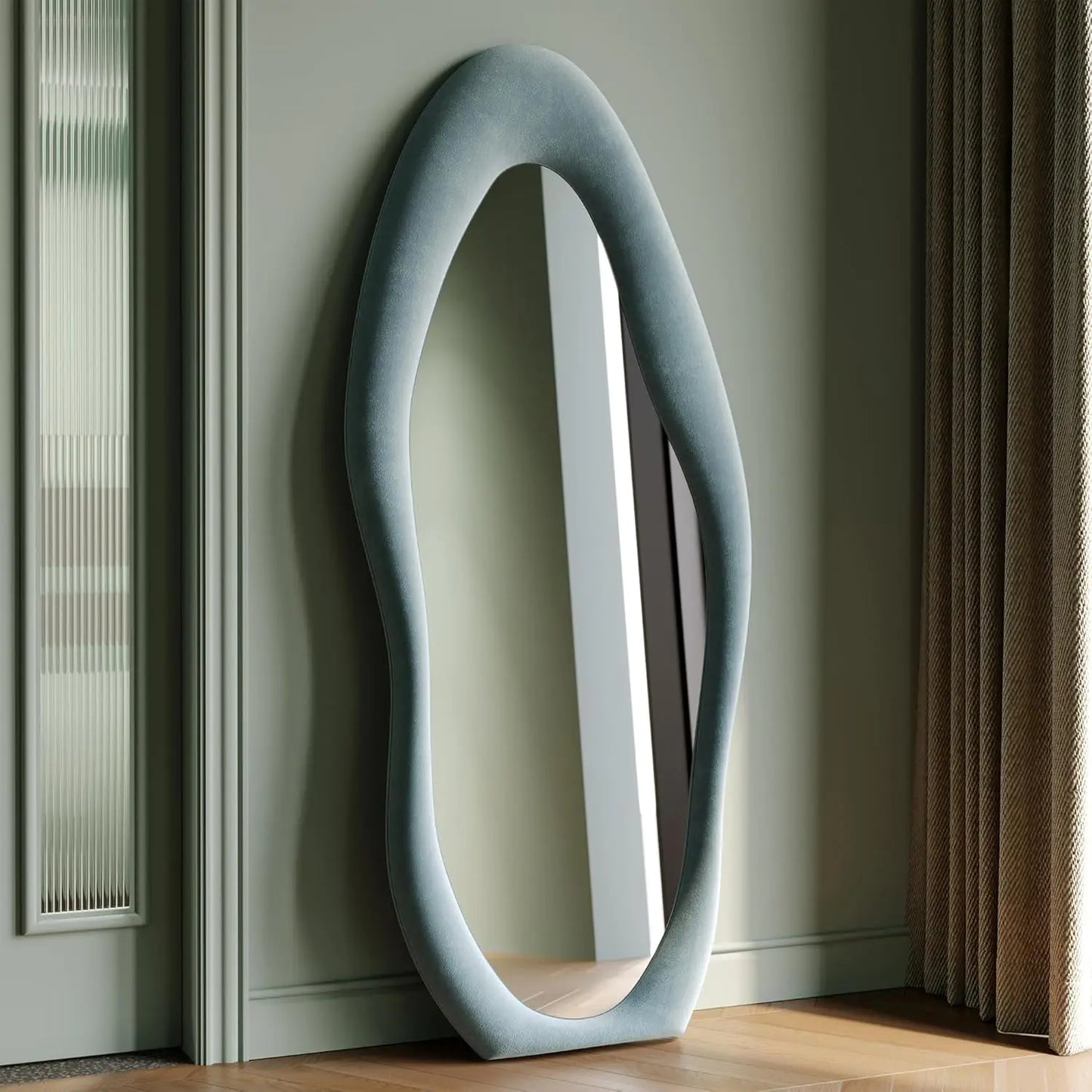 Wave Mirror With Wooden Flannel-Wrapped Frame For Bedroom Decor