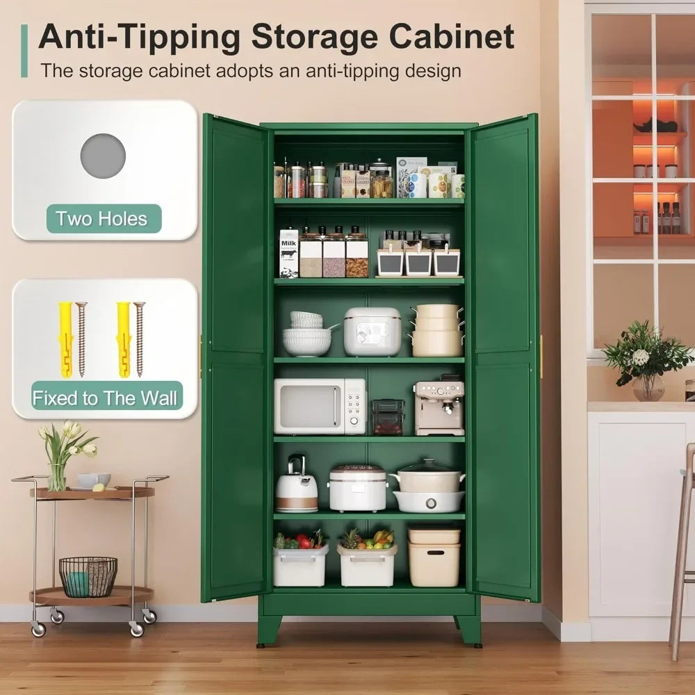 Metal Pantry Cabinet with 2 Doors and 5 Adjustable Shelves, 75" Kitchen Storage cabinets with Gold Handles, Versatile Storag