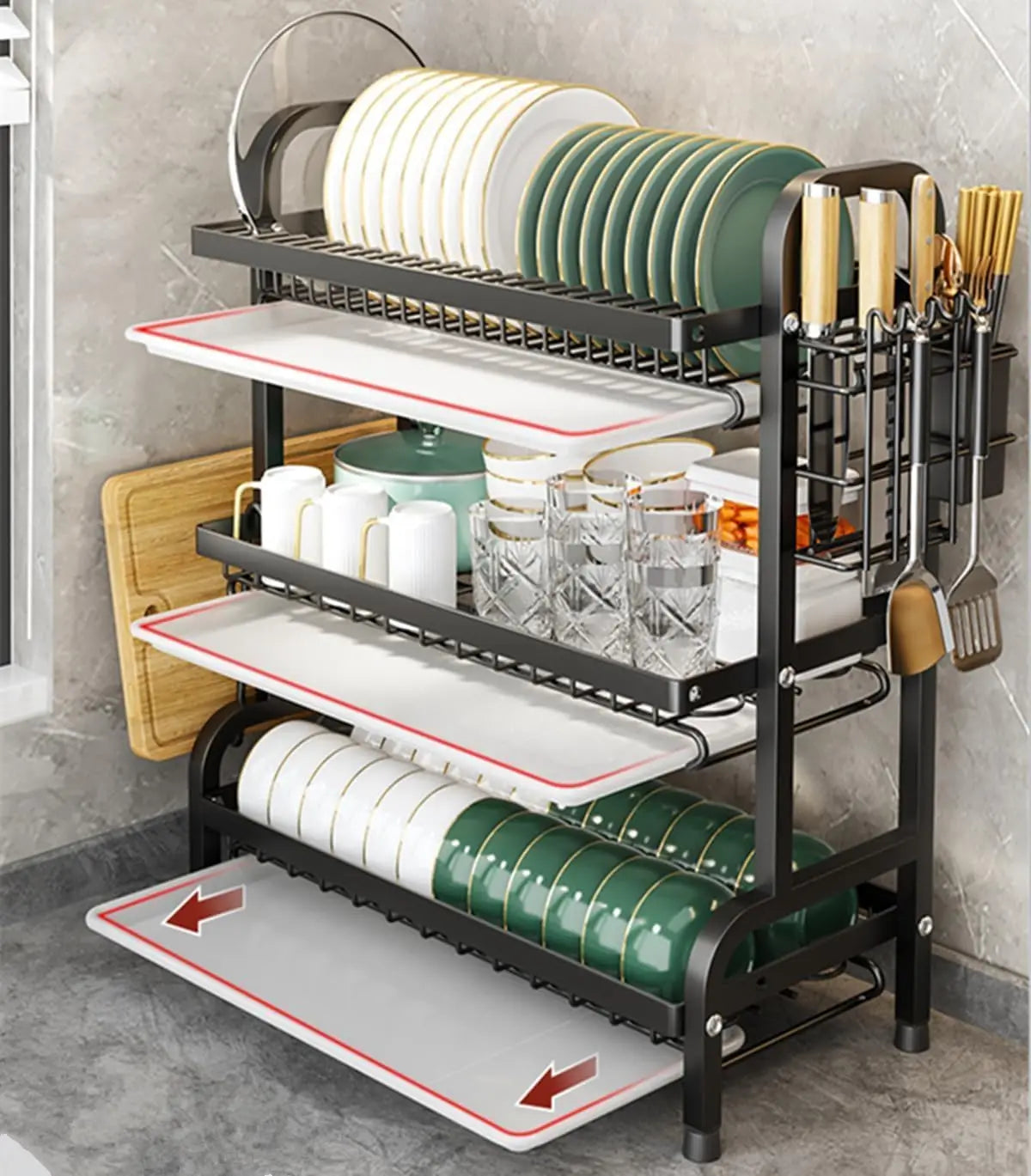 Three-Tier Dish Rack Space-Saving Kitchen Countertop Utensil Holder Tableware