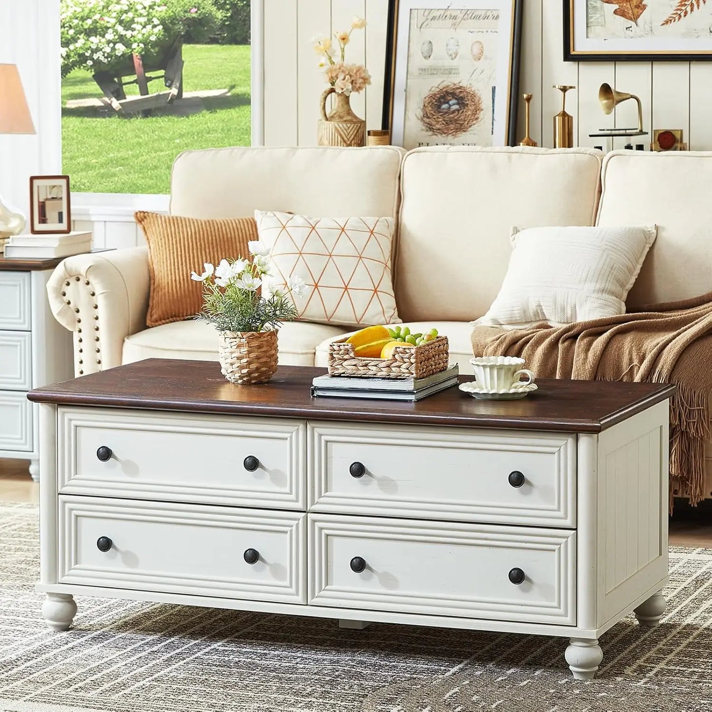 HUANZHUANG Farmhouse Coffee Table With Hidden Storage And 4 Drawers Solid Wood
