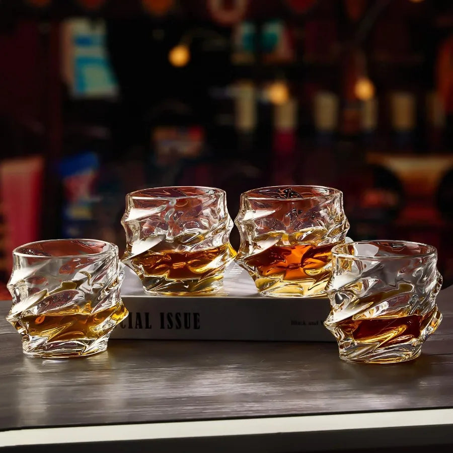 12 oz Hand Blown Crystal Whiskey Glasses Set of 4 Unique Cognac Glass with Heavy Thick Bottom for Scotch Bourbon Rum Gin Water
