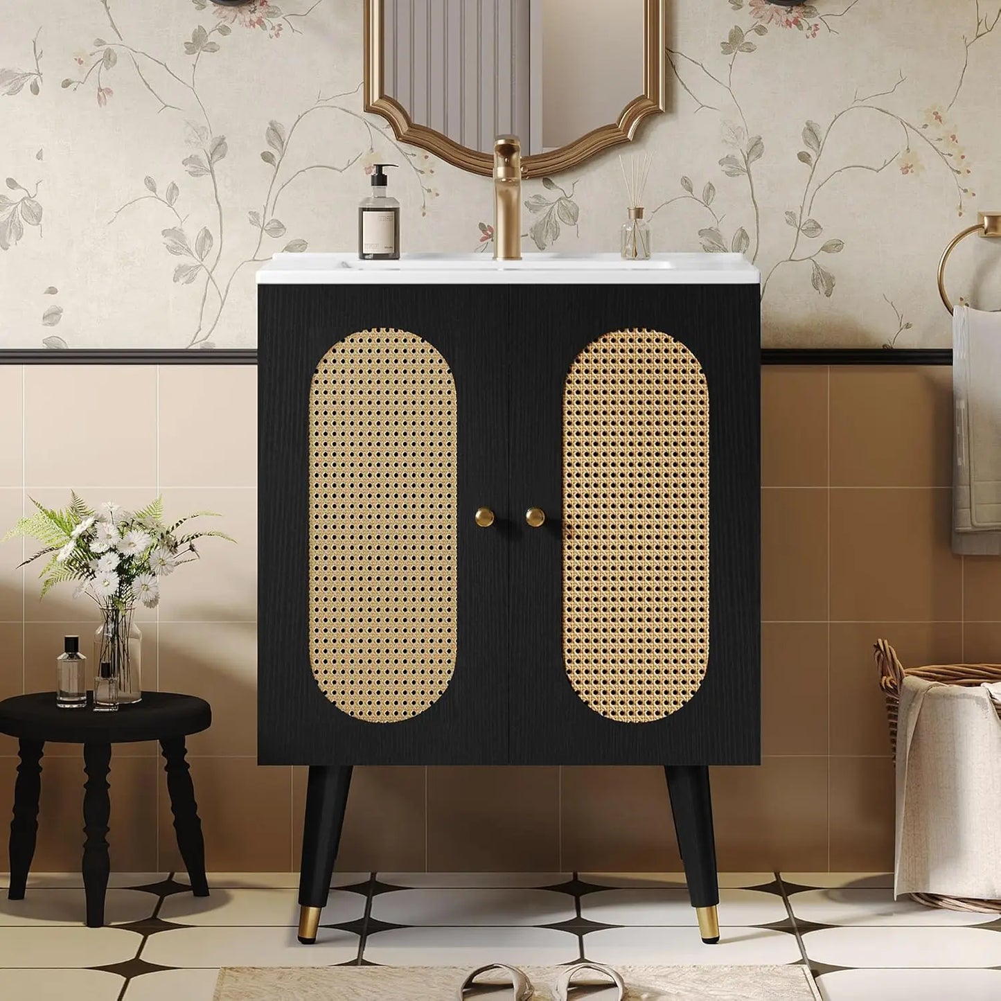 TIFICY Rattan Bathroom Vanity With Sink Freestanding Cabinet