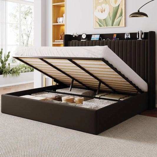Hydraulic Lift Storage Bed Frame With Headboard And USB Ports