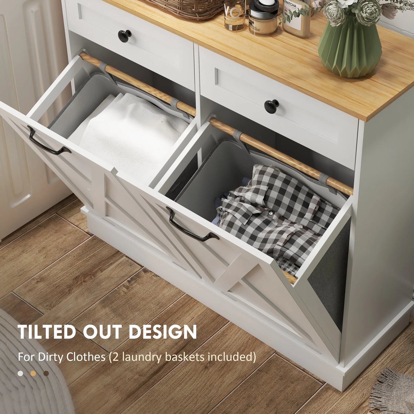 HOMCOM Tilt Out Laundry Cabinet With Two Baskets And Drawers