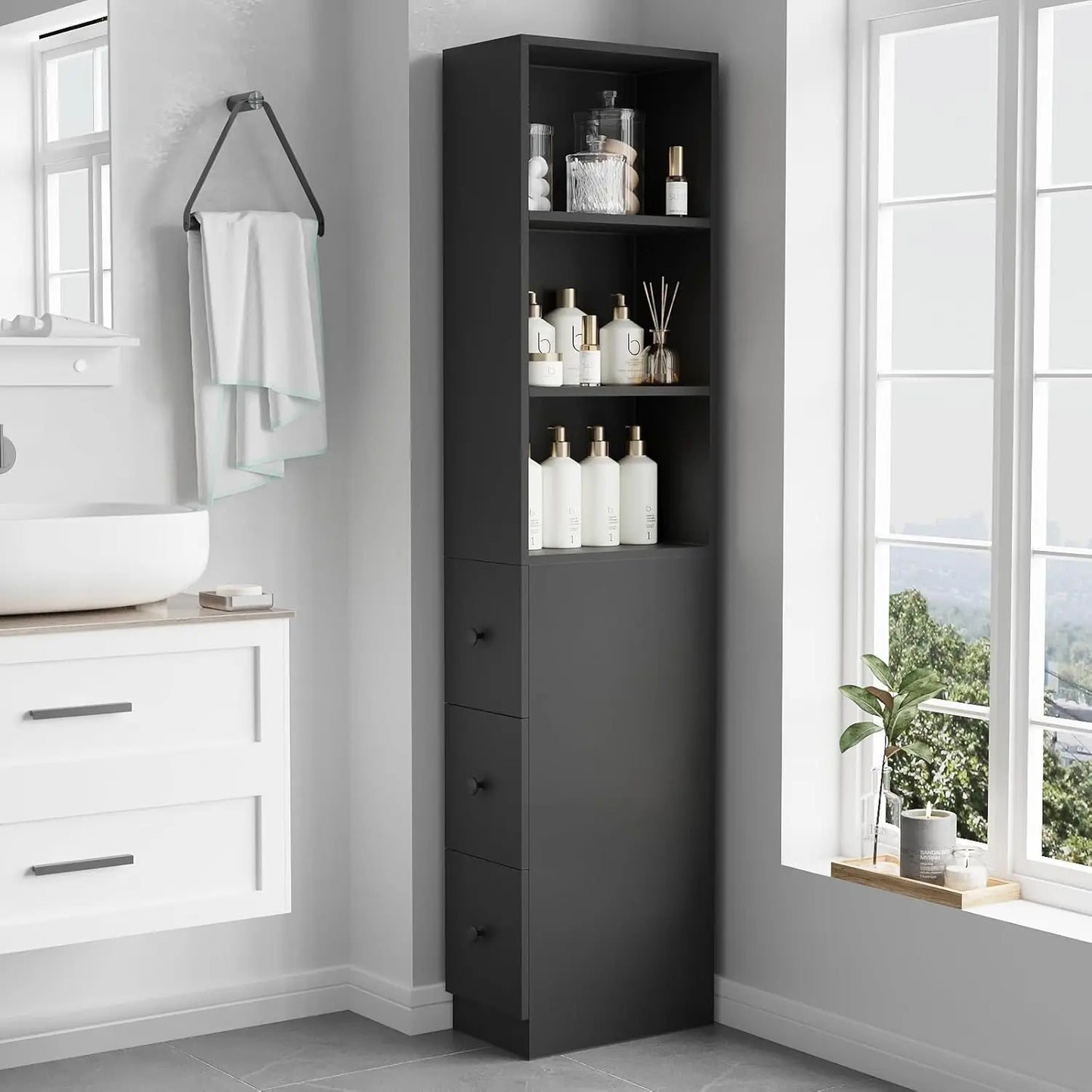 XMSJ Storage Cabinet Tall Narrow Bathroom Organizer With Three Level Shelves