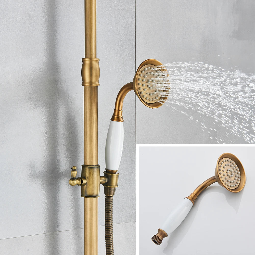SAFLIHCAR Brass Antique Shower Faucet Set Wall Mount Dual Handshower