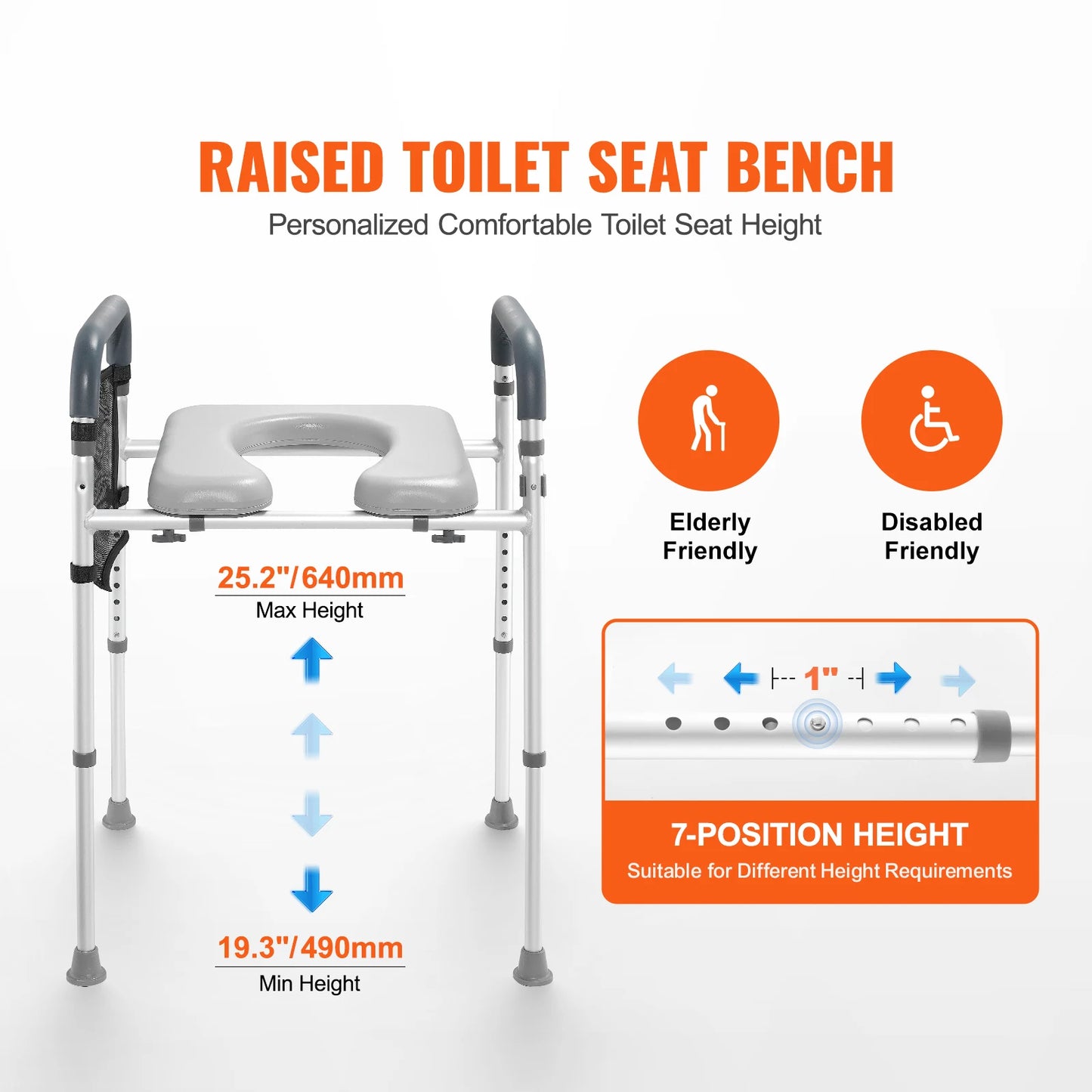SucceBuy Raised Toilet Seat 7-Position Height Adjustment 19.3" - 25.2" 350lbs Weight Capacity with Comfort Padded Aluminum Frame