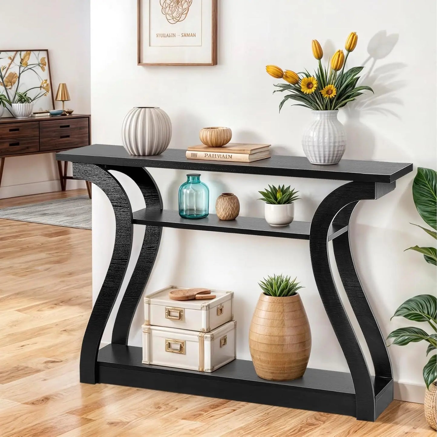 Wood Console Table With Three-Tier Storage Shelves